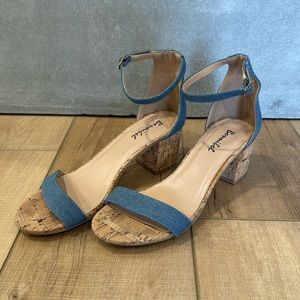 Bonnibel Block Heels Blue Denim Brown Cork Wood Gold Buckle